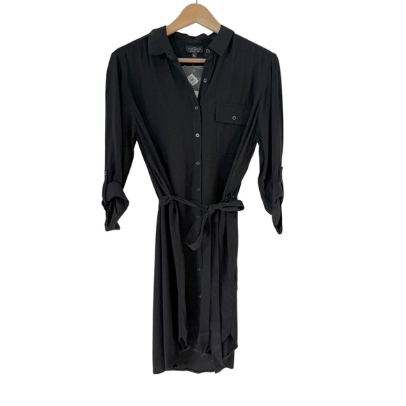 TopShop Mini ShirtDress Button Up Black Tie Waist 6 Petite - Picture 1 of 16